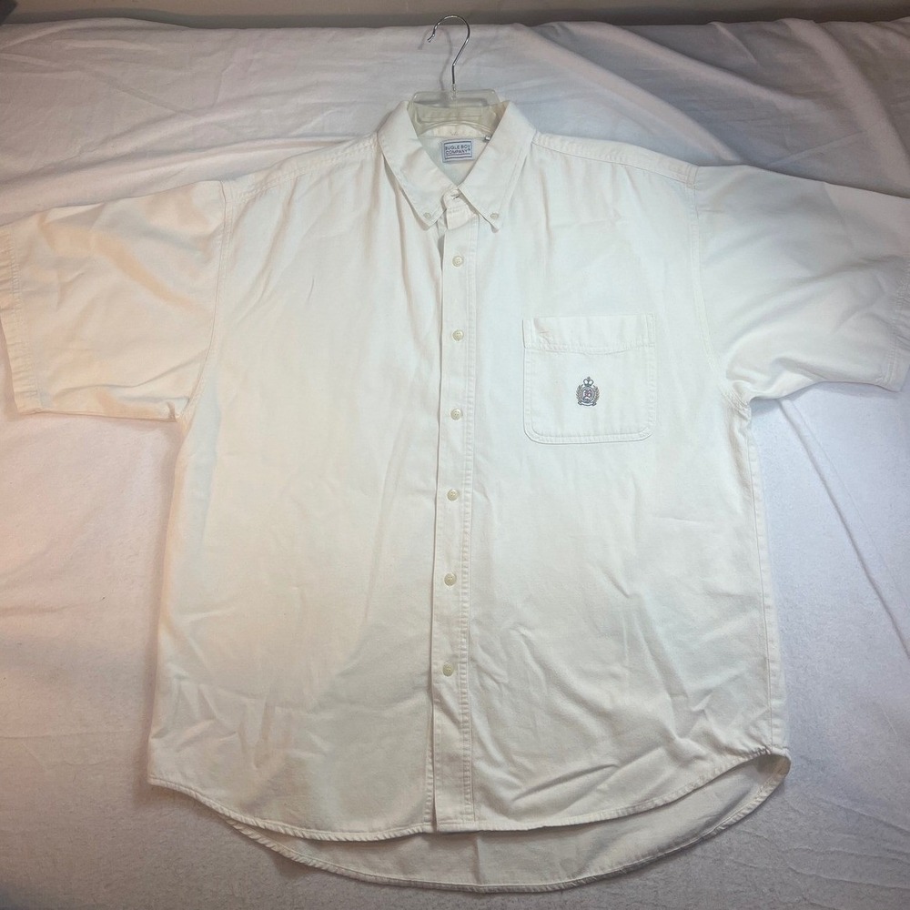 Bugle Boy Company Vintage Mens XXL Short Sleeve Button Down Shirt Off White Logo